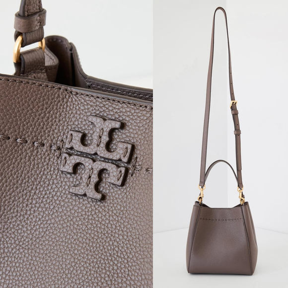 NWT Tory Burch Women's McGraw Small Bucket Bag Silver Maple Taupe Crossbody $348 - Picture 12 of 12